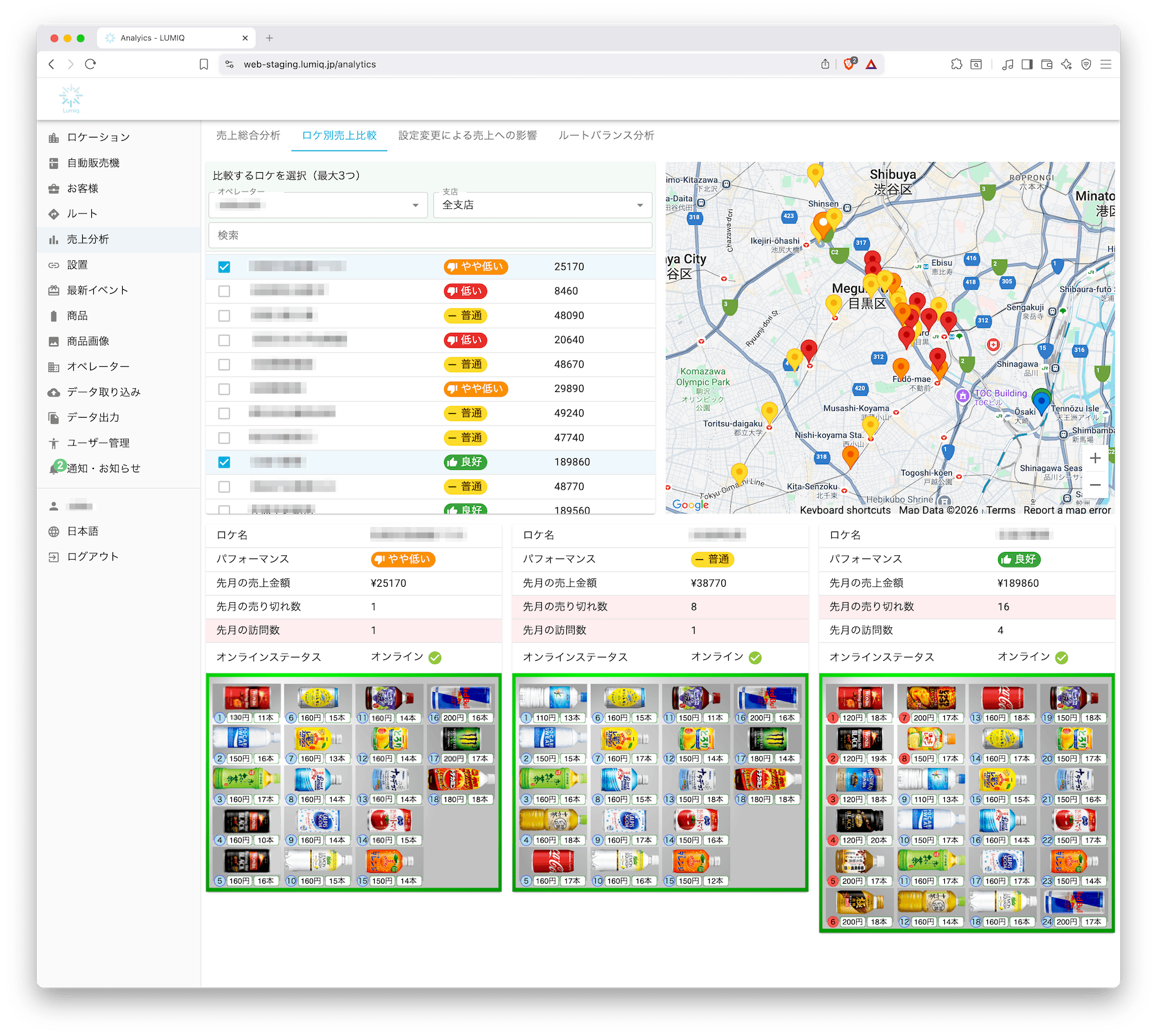 ロケーション別の商品ラインナップ比較